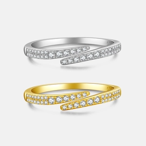 Minimalist S925 Sterling Silver Adjustable Open Ring Pave Rhinestone Geometric Double Row Cross Ring For Women Fashion Jewelry