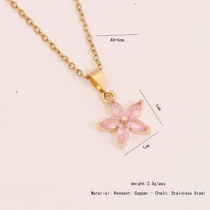 Detail showing pink zircon flower pendant dimensions and stainless steel chain specs