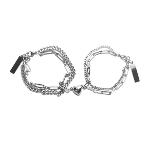 Polished stainless steel couple heart magnetic bracelets with dual layer chain and engravable tags