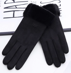 Detail view of black winter gloves with soft plush cuffs and faux suede thermal texture
