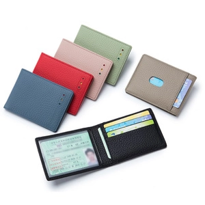 Slim lychee leather coin purse with multiple card slots and clear ID window in six colors