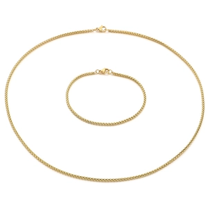 Polished gold stainless steel wheat chain necklace and bracelet set with lobster clasp