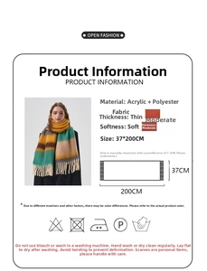 Detail view of colorful striped scarf with tassels showing material texture and size specs