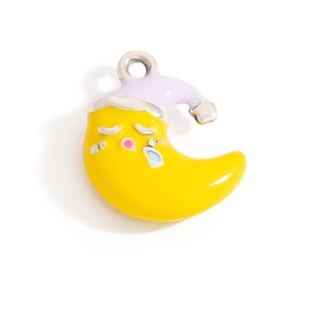 Detailed view of yellow moon charm with purple sleeping cap for DIY jewelry crafts