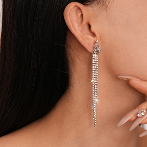 Close-up of long silver tassel earrings with sparkling rhinestones worn by a model