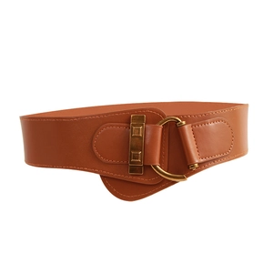 Vintage brown elastic wide waist belt with antique gold buckle for coats and dresses