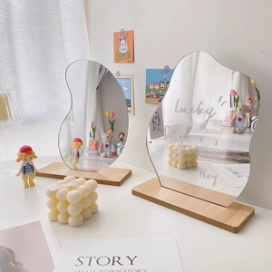 Irregular Acrylic Makeup Mirror With Wooden Base Desktop Decorative Vanity Mirror Aesthetic Ins Style For Photography Props Home Bedroom Office Decor