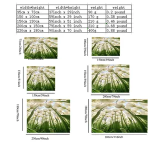 Size chart for forest tulip wall tapestry showing various dimensions and weights