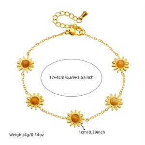 Gold sunflower bracelet with tiger eye stones on stainless steel chain for women
