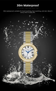 Close-up of diamond-set steel watch showing 30M water resistance with water splashes