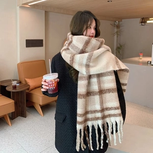 Thick beige and brown plaid mohair scarf with fringes for winter warmth and comfort