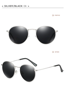 Front and 45-degree side views of retro round silver metal polarized sunglasses