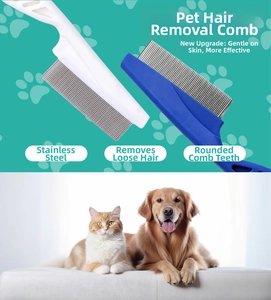 Detail showing rounded stainless steel teeth of pet comb for gentle loose hair removal