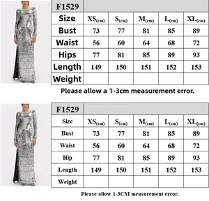 Detailed size chart for the silver sequin backless evening gown with bow detail