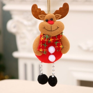 Plush Christmas reindeer ornament with red body, checkered scarf and beaded legs
