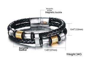 Close-up of gold and silver magnetic buckle on men's braided leather bracelet