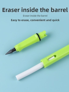 Detail of neon green inkless pencil showing the detachable tip and built-in eraser