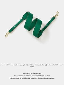Adjustable green leather bag strap with gold buckle and 102-110cm length detail