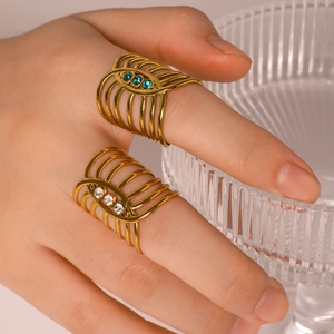 18K gold plated stainless steel hollow ring set with green and white zircon stones