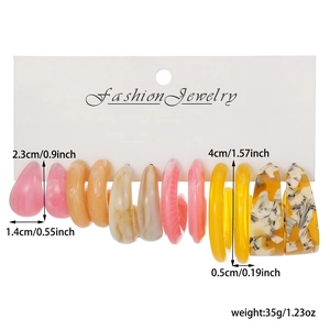 Colorful acrylic hoop earring set with various resin C-shapes and marble patterns