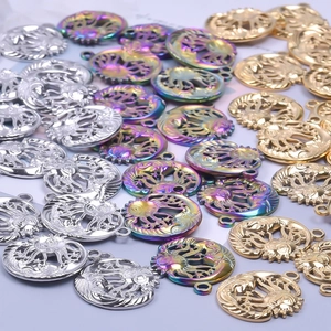 Stainless steel celestial sun and moon pendants in gold, silver, and rainbow finishes