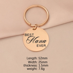 Rose gold stainless steel keychain with 'BEST Nana EVER' engraving and size parameters
