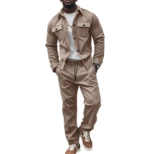 Detail of khaki suede jacket set showing turn-down collar and premium fabric texture