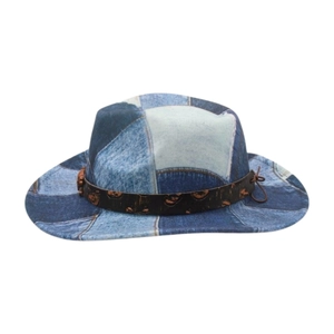 Vintage patchwork denim cowboy hat with leather band and metal buckle detailing