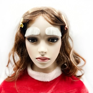 Detail of white faux fur Christmas eyebrows and brown wig accessory on a mannequin