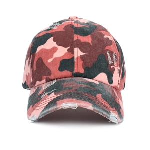 Close-up of red camo ponytail baseball cap with distressed details and side embroidery