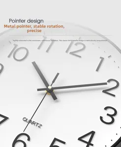 Detail of metal hands and quartz movement on a minimalist white clock face