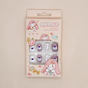 Macro view of 24pcs taro purple press-on nails with cute bear and heart patterns
