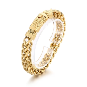 Vintage 18k gold plated stainless steel dragon bone chain bracelet with engraved clasp