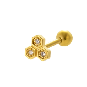 Detail of gold stainless steel stud earring with three hexagonal cubic zirconia accents