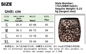 Size chart detail for the leopard print sequin mini skirt with garment measurements