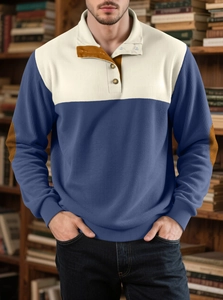 Detail of men's polo sweatshirt with button collar, elbow patches and corduroy texture