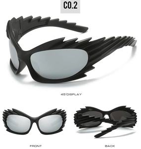 Detailed multi-angle view of futuristic jagged black sunglasses with silver lenses