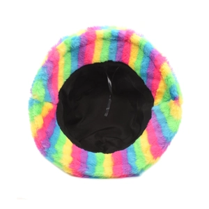 Plush rainbow striped bucket hat for women with soft faux fur and colorful pattern
