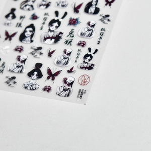 Detail of Japanese style nail art stickers with fox and rabbit girl dark aesthetic