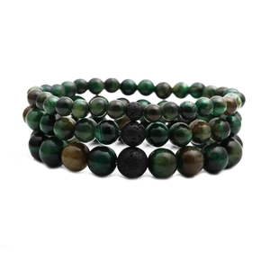 Three-layer set of natural green tiger eye and black volcanic lava stone beaded bracelets