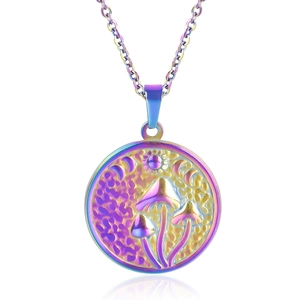 Detail of mushroom, sun and moon phase engraved circular pendant in rainbow finish
