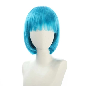 Detail view of a professional blue bob wig with bangs on a model for cosplay