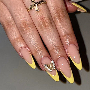 Long Almond Press On Nails French Yellow Tip With 3D Rhinestone Butterfly Nude Pink Fake Nails For Women