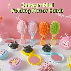 Cute cartoon folding air cushion hairbrushes with mirrors in various pastel colors