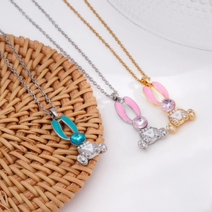 Pink rabbit pendant necklace in titanium steel with sparkling crystal accents for women