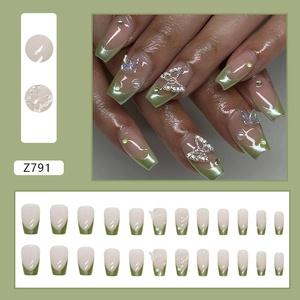 French green press-on nails set with silver butterflies and pearls, model Z791