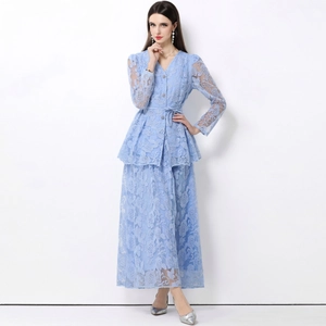 French style sky blue lace two-piece dress set with lantern sleeves and ruffled hem details