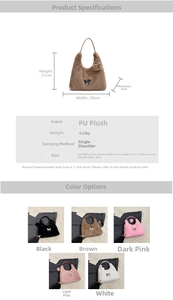 Detailed size chart and multi-color options for the plush shoulder bag with butterfly charm