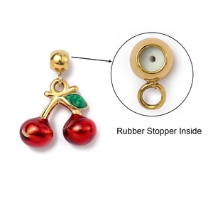Detail showing the rubber stopper inside the gold cherry charm for jewelry making