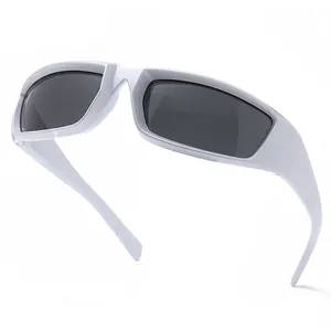 Futuristic white frame Y2K sunglasses with dark grey lenses for outdoor sports fashion